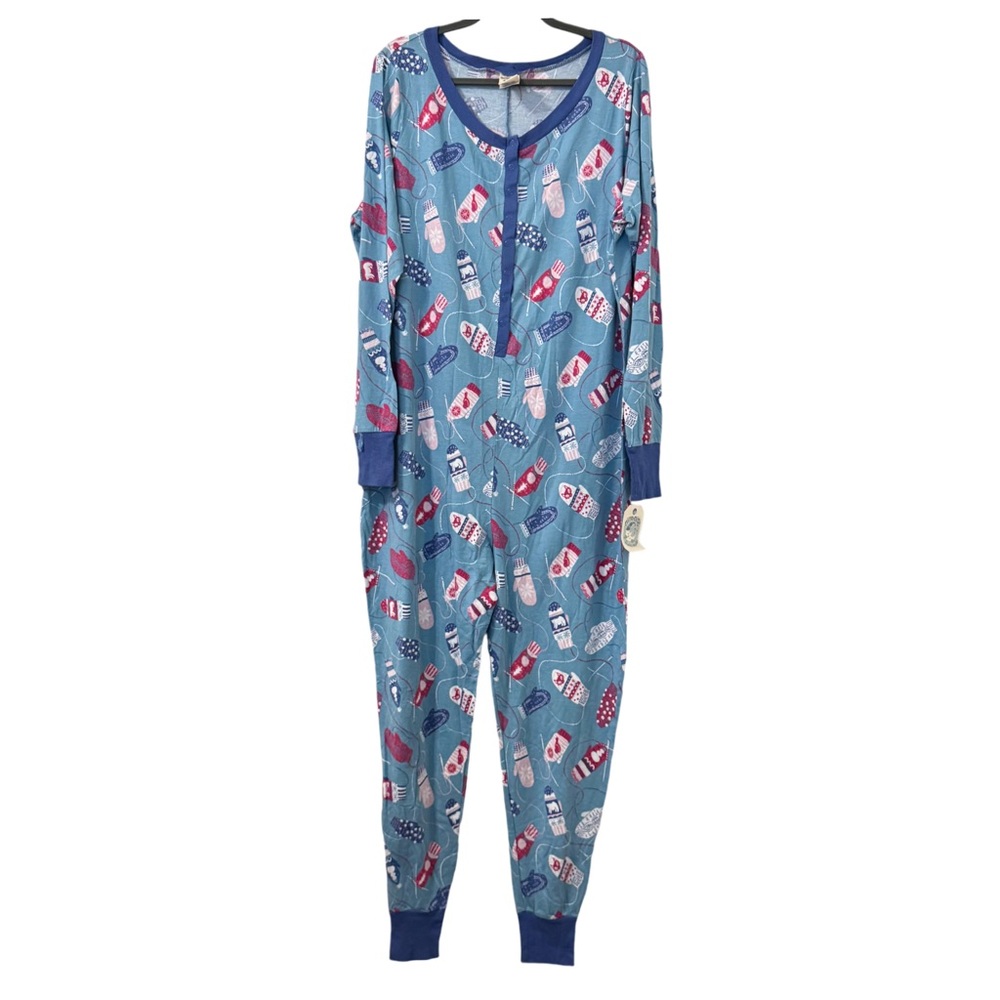 Nite Nite Munki Munki Womens Knit Mittens One-Piece Pajamas w/Snaps Large‎ NWT